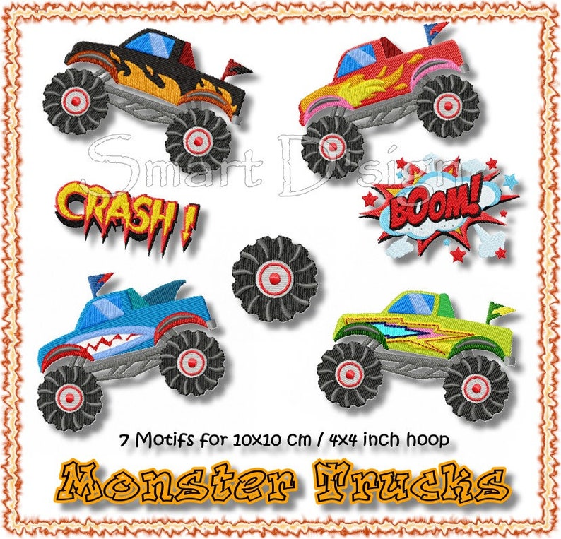 10x10 cm 4x4 inch hoop Machine Embroidery Design Set MONSTER TRUCKS 7 Motifs Set Boys Cars Smart D'sign Instant Download File image 2