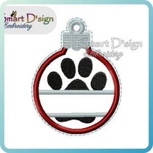 Split Name Paw Print Christmas Bauble Ornament ITH Machine Embroidery Design 4x4 inch 10x10 cm Tree, Gift Tag, In The Hoop Smart D'sign Xmas image 2