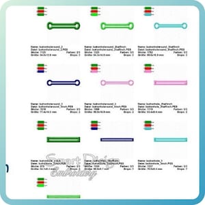 May include: A digital embroidery design sheet featuring various buttonhole designs in green, blue, and pink. Each design includes size specifications in millimeters. The designs are labeled with names like "buttonholeround" and "buttonhole".