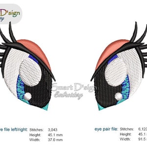 May include: A pair of cartoon eyes with black eyelashes, blue and turquoise irises, and white pupils. The eyes are outlined in black and have a red eyelid.
