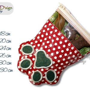 May include: Red and white paw-shaped zippered pouch with a clear plastic window. The pouch is decorated with white polka dots and green paw prints. The text "Smart D'sign Embroidery" is printed on the pouch. The pouch is available in six sizes: 13x18cm, 14x20cm, 15x24cm, 16x26cm, 18x30cm, and 20x30cm.
