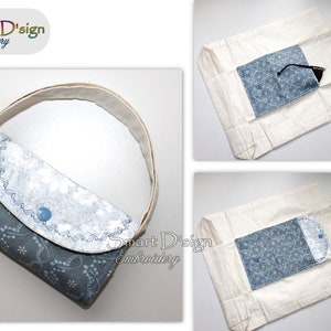 May include: A blue and white fabric eyeglass case with a button closure and a white strap. The case is shown in two different positions, one with the strap folded down and the other with the strap extended. The case is also shown in a white tote bag with a blue and white fabric pocket.