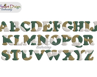Desenho de bordado à máquina ALFABETO CAMUFLADO 1,8 cm (0,7 polegadas) de altura | Alfabeto completo em letras maiúsculas - sem números | Ideal para decoração de coleiras de cachorro