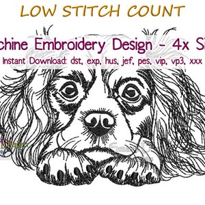 May include: Black and white line art machine embroidery design of a Cavalier King Charles Spaniel dog with its head resting on its paws. The design is available in four sizes and includes the text "LOW STITCH COUNT" and "Machine Embroidery Design - 4x Sizes".