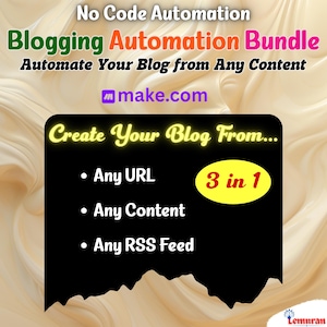 以下が含まれることがあります： ブログ自動化バンドルを宣伝する画像。「Blogging Automation Bundle」の文字が緑とピンクで表示されています。あらゆるURL、コンテンツ、RSSフィードからブログを自動化できることを強調しています。make.comのロゴも表示されています。