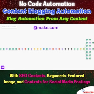 May include: A digital graphic promoting content automation. The image features the text "No Code Automation," "Content Blogging Automation," and "Blog Automation From Any Content." It also includes "With SEO Contents, Keywords, Featured Image, and Contents for Social Media Postings."