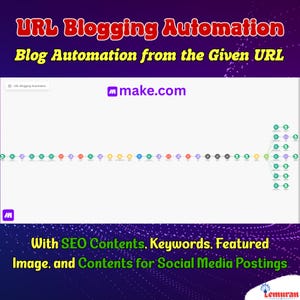 Peut inclure: Graphique numérique avec le texte "URL Blogging Automation" en rouge et jaune. L'image comprend une interface de site Web avec un schéma de flux de travail et le logo make.com. Le bas de l'image contient le texte "With SEO Contents, Keywords, Featured Image, and Contents for Social Media Postings."