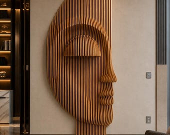 Abstract Face Wood Wall Panel – Modern Geometric Art (41x92x13 inch)