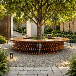 May include: A large, circular wooden bench constructed with vertical, wavy slats surrounding the trunk of a mature tree. The bench features a smooth, flat circular seat surface and a complex, rhythmic base design made of dark brown wood.