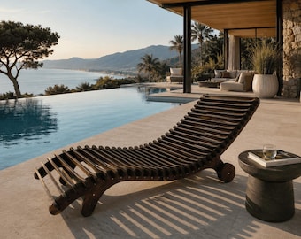 May include: A wooden chaise lounge with a slatted design sits poolside. The dark brown lounger has wheels and is positioned near a small side table with a book and a glass of water. The background features a pool, ocean, and mountains.