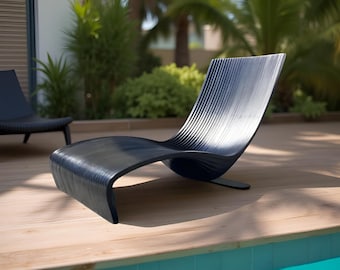May include: A modern black chaise lounge with a curved design and slatted back. The chair is made of a dark material and sits on a wooden deck next to a pool. The design is sleek and contemporary.