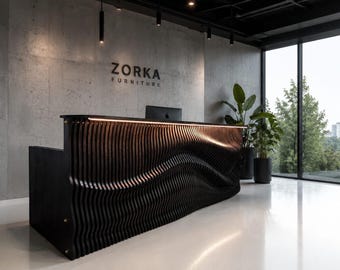 Custom Reception Desk & Bar Counter Genesis – WaveForm Parametric Wood Front Desk, Modern Commercial Counter, Made in USA, Office Lobby