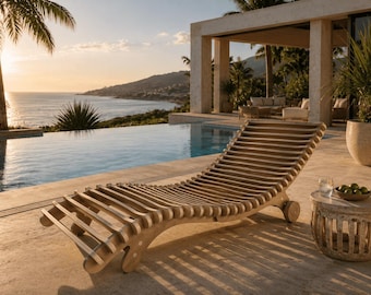 May include: A wooden chaise lounge with a slatted design sits on a patio next to a pool. The lounge chair is light brown and has wheels. A small round table with a glass and limes is nearby. The background features an ocean view.