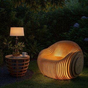 Moondream parametric modern egg chair – sculptural plywood lounge chair with organic curves and contemporary design.