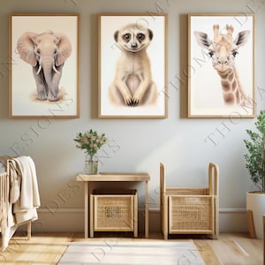 Safari Kinderzimmer Drucke,Kinderzimmer Deko,Boho Kinderzimmer Prints, 3er-Set Drucke,Safari Trio Wand,Tier Kinderzimmer Dekor,Wand Kunst Druck