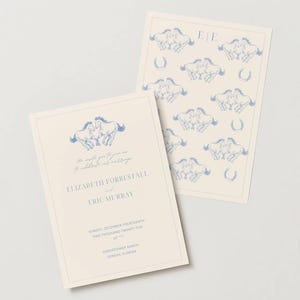 Faire-part de mariage occidental simple avec page de détails et carte de vœux, chevaux, bleu et feu. Modèle numérique, personnalisable, modifiable sur toile