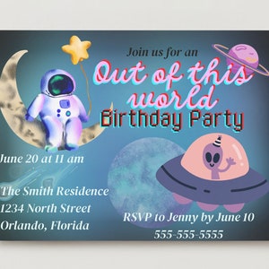 Hors de ce monde, invitation d'anniversaire dans l'espace, invitations d'anniversaire, modifiable, modèle numérique, coloré, extraterrestre, astronaute, planètes