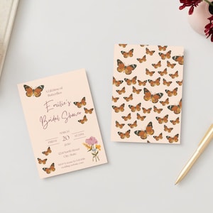 May include: A pink and white bridal shower invitation with a butterfly pattern. The invitation reads "A Lifetime of Butterflies, Emilie's Bridal Shower, Friday, March 20, 20XX, at 2 PM, 1234 North Street, City, State, RSVP to Julie by 3/15, wedding website.com".