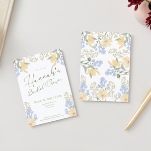 Invitaciones para despedida de soltera con flores silvestres azules y amarillas y letrero de bienvenida, descarga instantánea, plantilla digital, Canva, editable, cohesiva, femenina