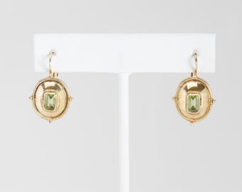 Byzantine style green peridot sterling silver yellow gold plated dangle earrings vintage jewelry ornate Italian Greek August birthstone