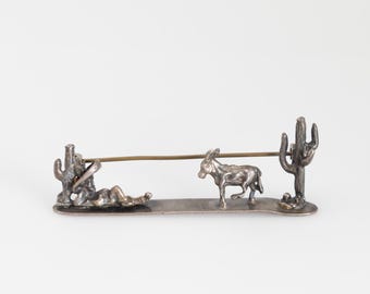 vintage sterling silver collector pin brooch resting man donkey saguaro cactus scene southwest mexican mexico siesta taxco cowboy