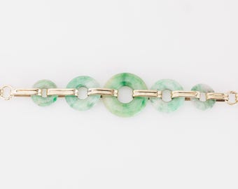 Pulsera vintage de oro de 14 quilates y jadeíta con eslabones de disco Pi Bi, Fei Cui