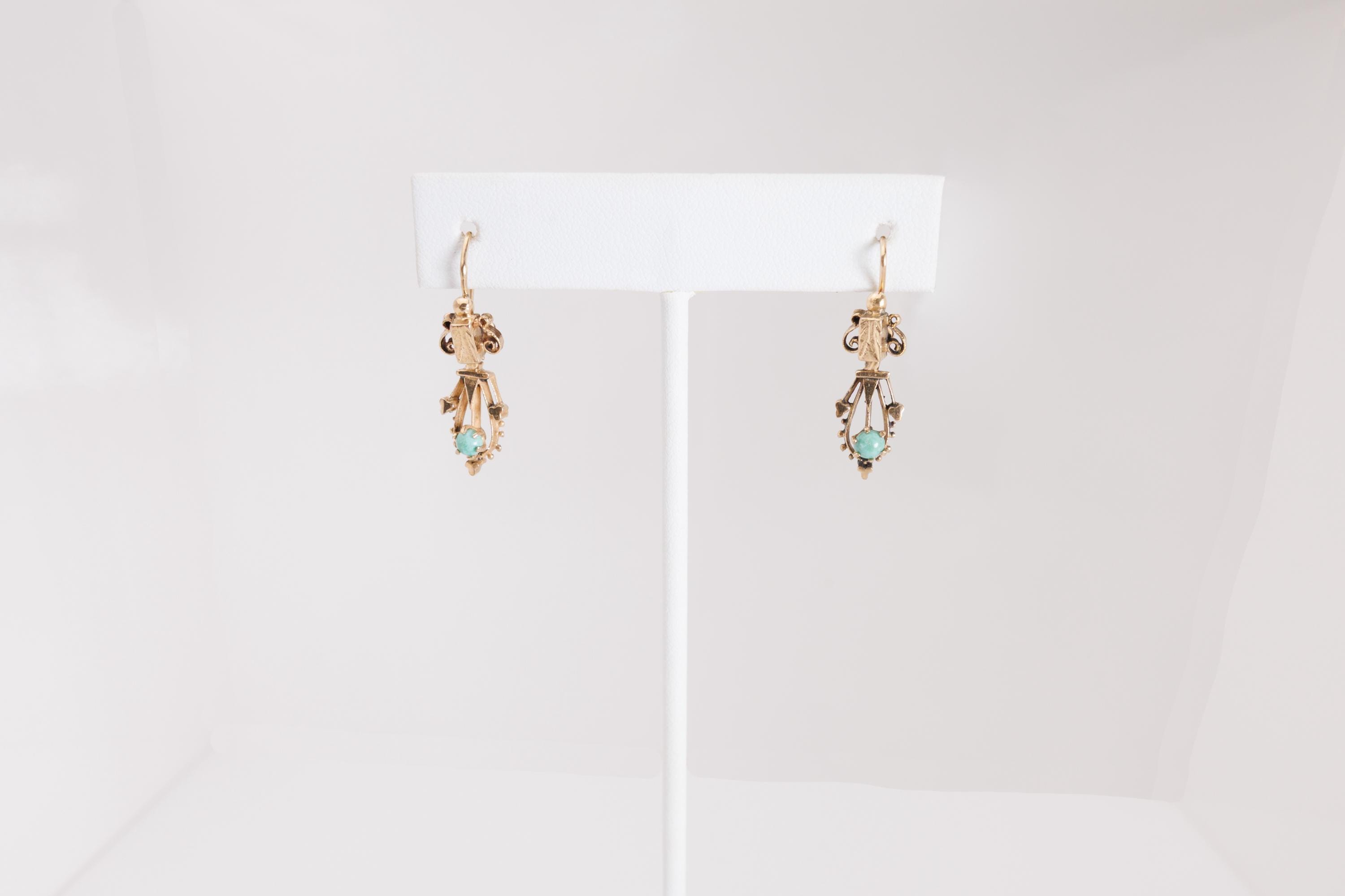 14K yellow gold dangle earrings turquoise vintage jewelry ornate Italian Greek Spanish Israeli Yemenite antique hypoallergenic antitarnish