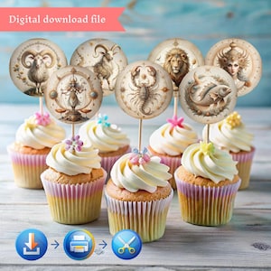 Printable Zodiac Cupcake Toppers – 2.3 Inch Digital Download | Astrology Party Decor, Zodiac Sign Cake Toppers for Birthdays & Events
