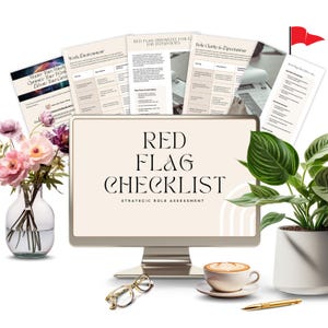 May include: A desktop computer displays the text "RED FLAG CHECKLIST" with supporting documents. A cup of coffee, glasses, and a pen are on the desk. A vase of flowers and a potted plant are also present.