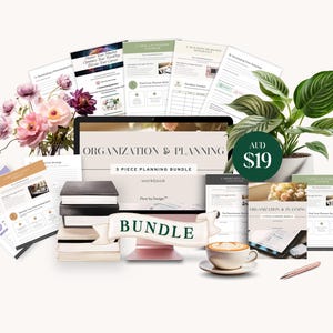 May include: An "Organization & Planning" bundle is displayed with a laptop, workbooks, and a coffee cup. The bundle includes a stack of books, a pen, and a potted plant. The bundle is surrounded by flowers.