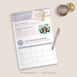 May include: A white paper titled "Estimating Time for Tasks" with text and a graphic of a woman surrounded by clocks. A gold pen, a candle, and a paper clip are also visible. The paper includes the text "Time Estimation Challenge."