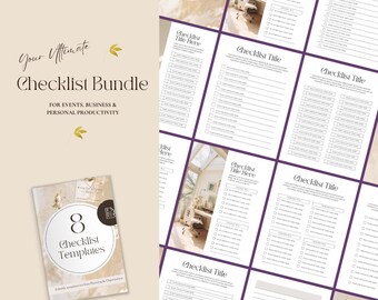 May include: A set of eight printable checklist templates with a purple and white color scheme. The templates are designed for events, business, and personal productivity. The text "Your Ultimate Checklist Bundle" is featured in the image.