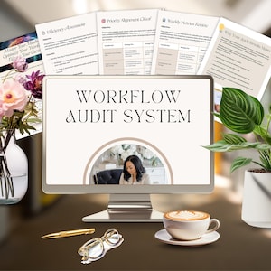 May include: A computer monitor displays "WORKFLOW AUDIT SYSTEM" with an image of a woman. Documents, flowers, a cup of coffee, glasses, and a pen are on the desk. The scene is professionally styled.