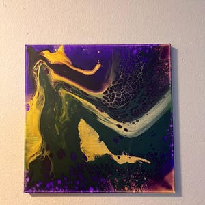 May include: Abstract painting on canvas with swirling patterns in shades of purple, green, and gold.