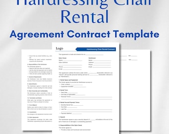 May include: A printable contract template for renting a hairdressing chair. The document includes sections for salon owner and hairdresser information, rental space and equipment details, rental fees and payment terms, and responsibilities of the salon owner.