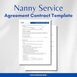 May include: A black and white printable contract template for a nanny service agreement. The document includes sections for the purpose of the agreement, term of employment, work schedule, duties and responsibilities, and compensation.