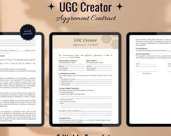 May include: A digital template for a User Generated Content (UGC) Creator Agreement Contract. The document includes sections for the Creator and Buyer, including their names, addresses, and email addresses. The contract outlines the scope of rights transferred, payment terms, and governing law.