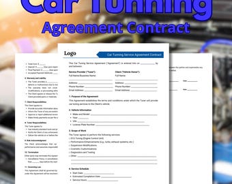 May include: A black and white printable car tuning service agreement contract template. The document includes sections for the service provider, client, vehicle information, scope of work, service schedule, and payment terms.