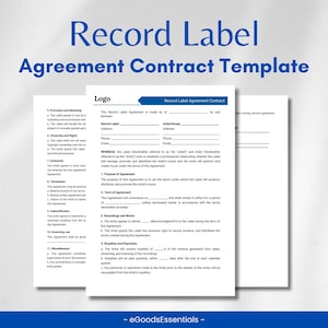 Editable Record Label Agreement Contract Template - Royalty Terms, Ownership, and Payment Schedule - PDF & Word Files - Fully Customizable