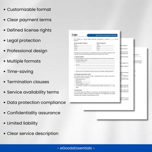 the benefits of these contract are as follows:Customizable format
Clear payment terms
Defined license rights
Legal protection
Professional design
Multiple formats
Time-saving
Termination clauses
Service availability terms
Data protection and more