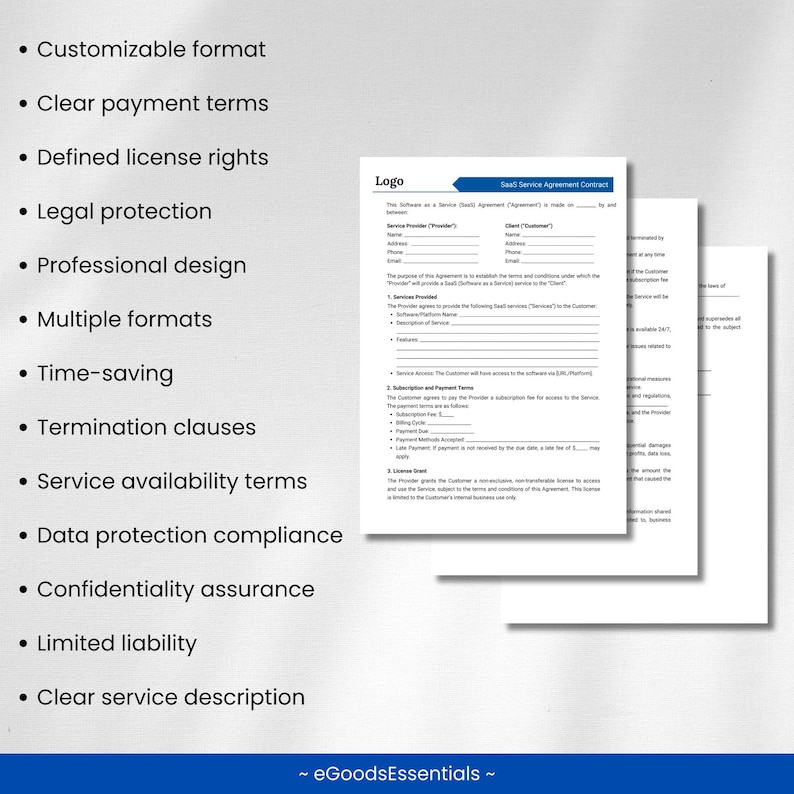 the benefits of these contract are as follows:Customizable format
Clear payment terms
Defined license rights
Legal protection
Professional design
Multiple formats
Time-saving
Termination clauses
Service availability terms
Data protection and more
