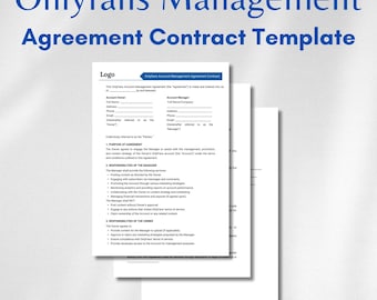 May include: A digital document titled Onlyfans Management Agreement Contract Template featuring sections for account owner and manager details, purpose of agreement, and responsibilities for both parties, presented on white paper sheets.