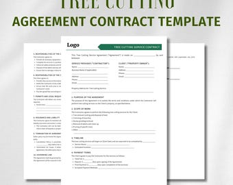 Op de afbeelding: Een sjabloon voor een boomkapovereenkomst met donkergroene tekst TREE CUTTING AGREEMENT CONTRACT TEMPLATE bovenaan. Het formulier bevat secties voor gegevens van de dienstverlener en klant, de werkzaamheden en de betalingsvoorwaarden.
