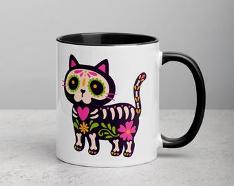Sugar Skull Cat Mug, Day of the Dead Coffee Cup, Colorful Skeleton Cat Ceramic Mug, Cute Halloween Gift for Cat Lovers