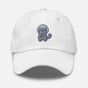 Space Cat Embroidered Dad Hat, Cute Astronaut Kitty Cap, Funny Cat Lover Gift, Unisex Adjustable Baseball Hat, Cosmic Cat Hat