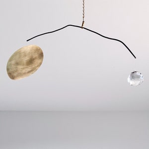 Sun and Moon Kinetic Mobile: Brass and Glass Hanging Sculpture for the Modern Home