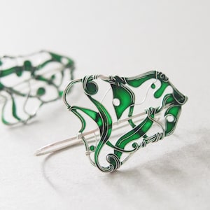 Green Leaf Silver Earrings: Wire and Resin Art Jewelry