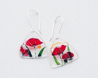 Red Poppies Earrings by KUKLAstudio. Triangle Shape Flower Earrings. Colorful Poppies Jewelry. Red Silver Earrings.