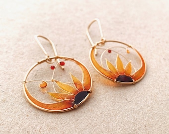 Gold Sunflower Earrings by KUKLAstudio. 14K Gold Filled Wire Jewelry. Stained Glass Effect. Unique Flower Earrings In Yellow and Amber.