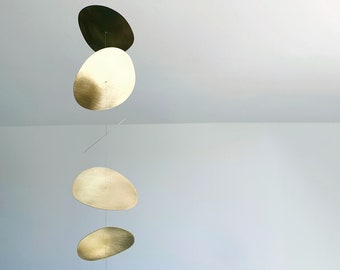 Golden Moons Kinetic Sculpture by KUKLAstudio. Brass, Glass and Porcelain. Hanging Metal Mobile. Sun Catcher. Modern Interior. Art for home.